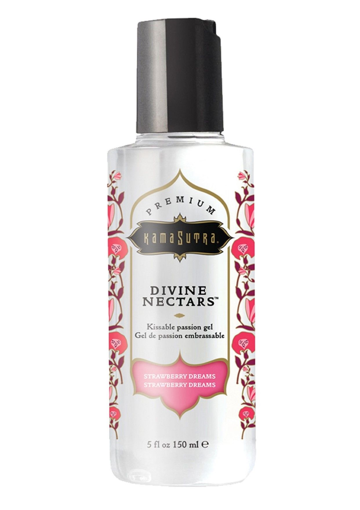Kama Sutra Divine Nectars. Flasche mit schwarzem Deckel. Rosa und weiße Etikettierung. Text: Strawberry Dreams. 150 ml.