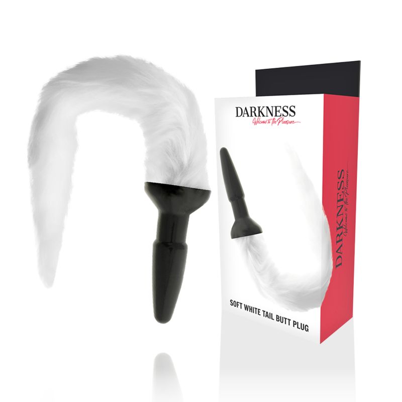 Produkt und Verpackung. Schwarzer Plug mit weißem Fellschwanz. Verpackung mit Text: DARKNESS, SOFT WHITE TAIL BUTT PLUG.