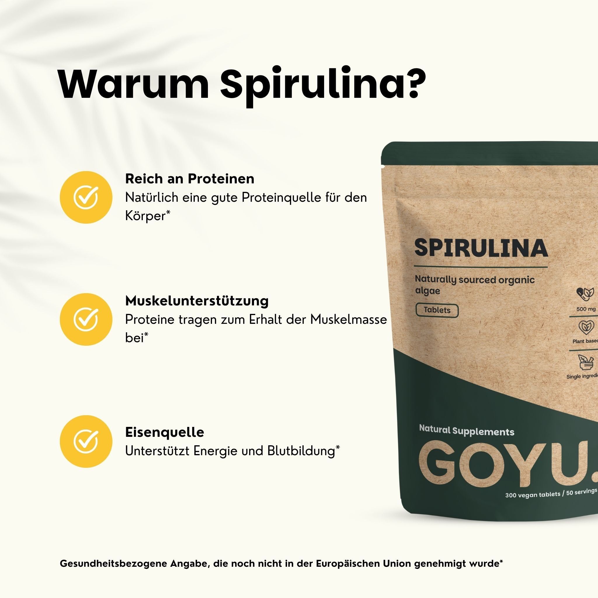 Braune Papiertüte mit Spirulina-Tabletten. Enthält Informationen über Proteine, Muskelunterstützung und Eisenquelle.