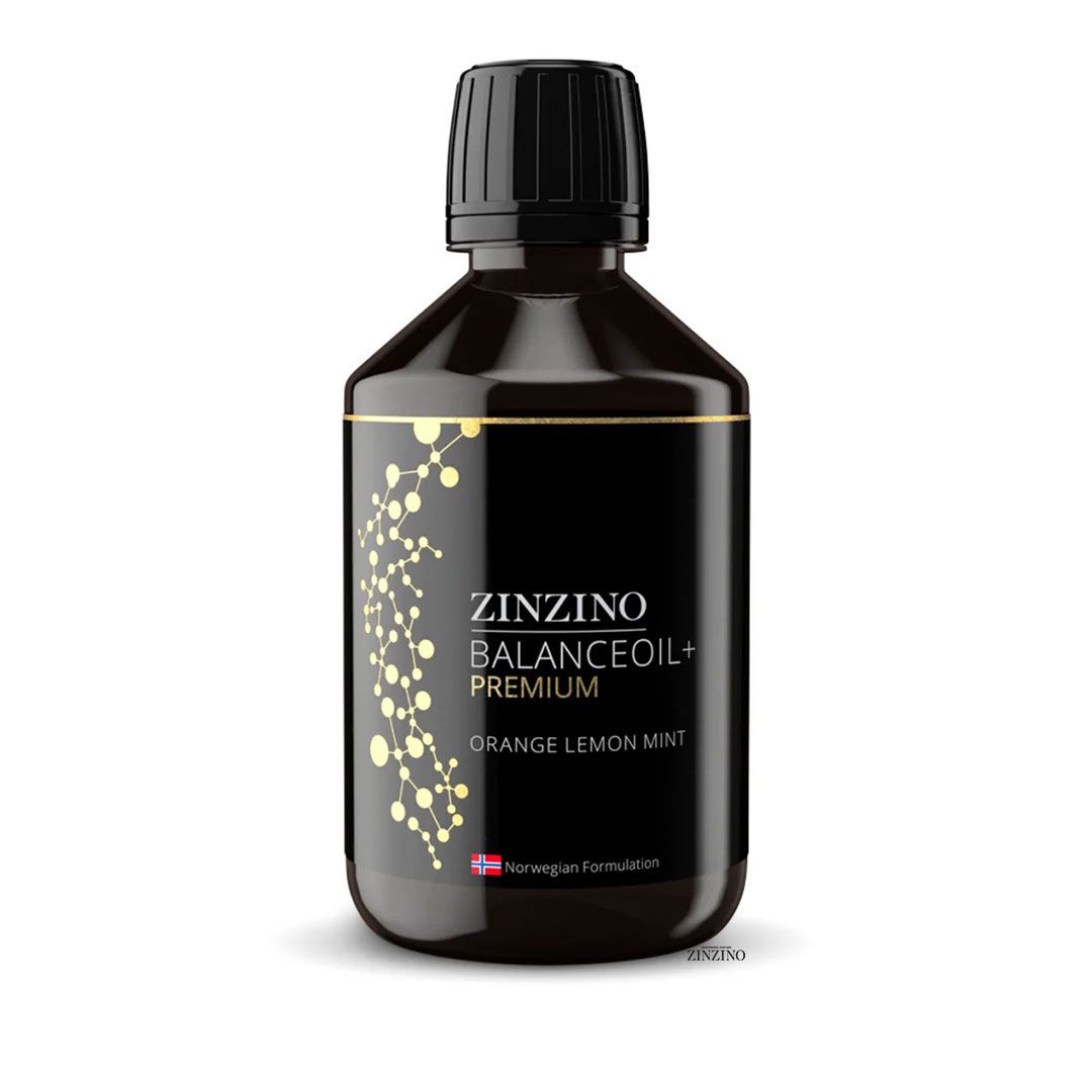 Schwarze Flasche mit schwarzem Deckel. Aufschrift: ZINZINO BALANCEOIL+ PREMIUM, Orange Lemon Mint. Norwegische Formulierung.