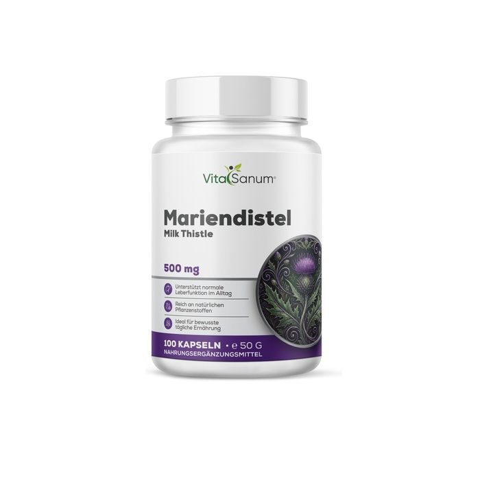 VitaSanum Mariendistel Kapseln, 500 mg, 100 Stück. Weiße Dose mit lila Etikett und stilisierter Distel.