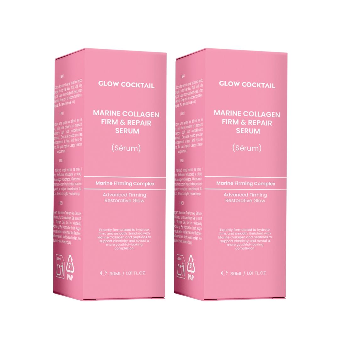 Zwei rosa Verpackungen mit Text. Produktname: Glow Cocktail Marine Collagen Firm & Repair Serum. Rosa Verpackungen mit weißem Text.
