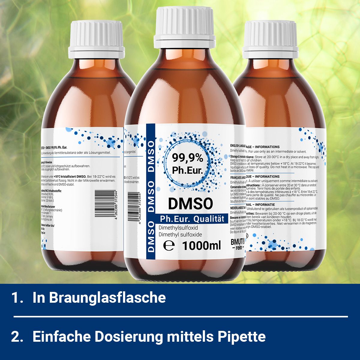 Drei Braunglasflaschen mit weißem Deckel und Etikett. Enthält DMSO 99,9% ph. Eur. Text: In Braunglasflasche. Einfache Dosierung.