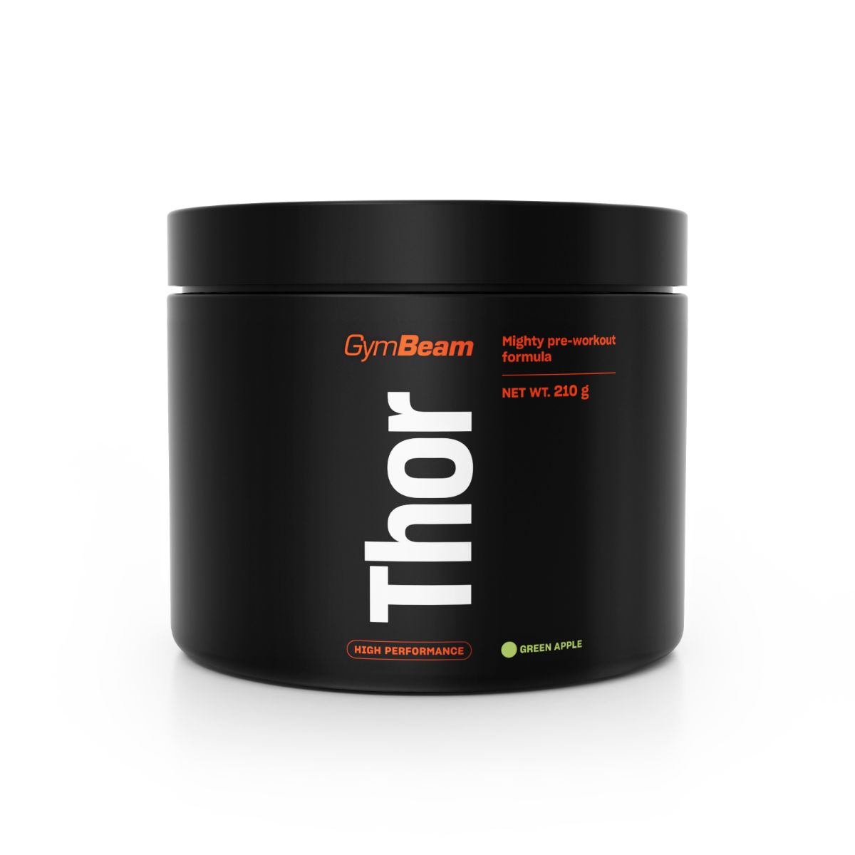 GymBeam Thor Pre-Workout Pulver in schwarzer Dose mit grüner Apfel-Geschmacksangabe.