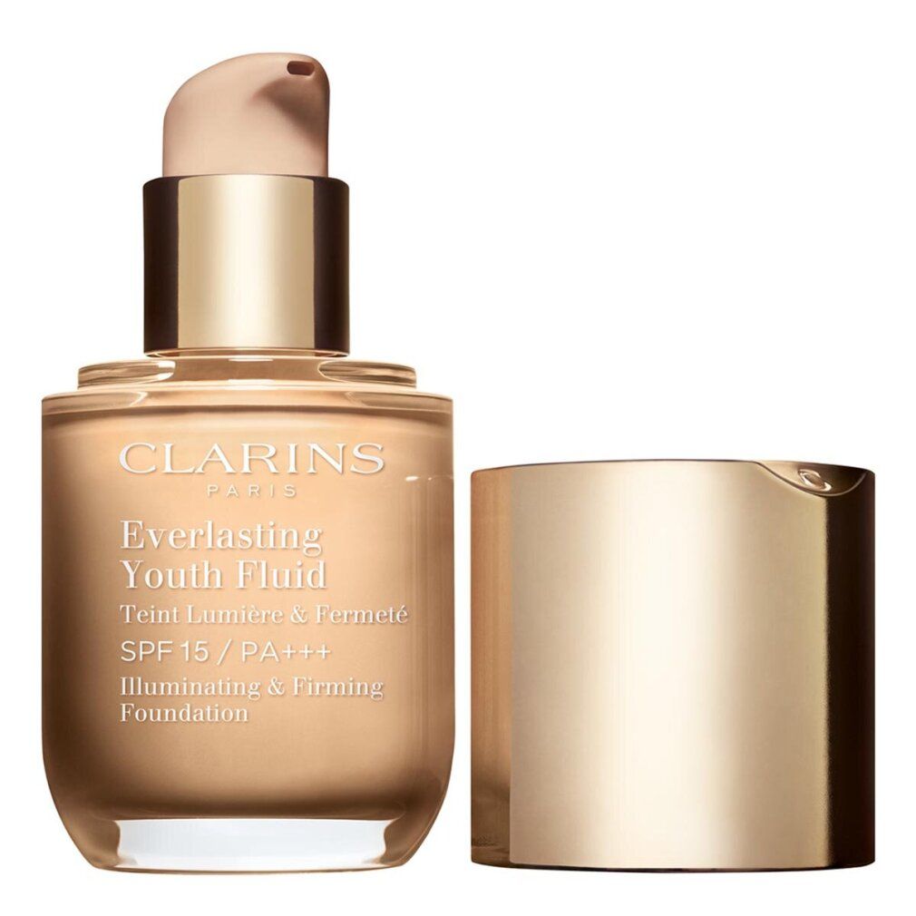 Clarins Everlasting Youth Fluid SPF 15. Flasche mit goldfarbenem Deckel und Pumpe. Aufschrift: SPF 15, Illuminating & Firming Foundation.