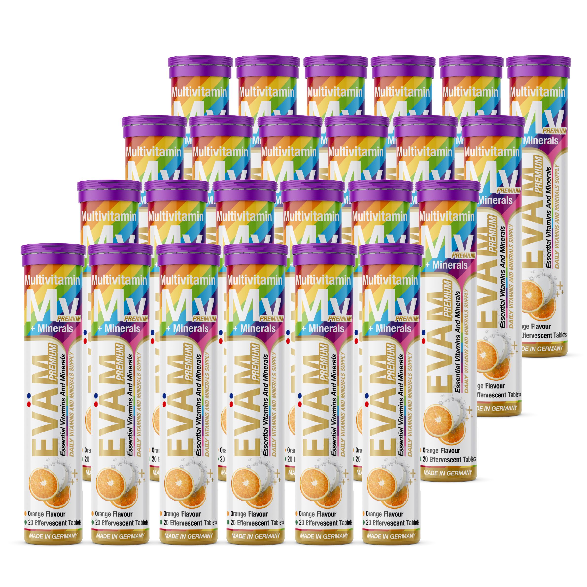Mehrere Tuben EVÄM Multivitamin + Mineralien Brausetabletten. Jede Tube enthält 20 Tabletten. Orange-Geschmack.