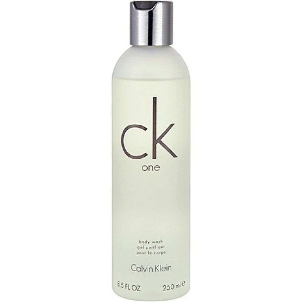 Körperwäsche-Flasche mit silbernem Deckel. Aufschrift "ck one" und "Calvin Klein". 250ml.