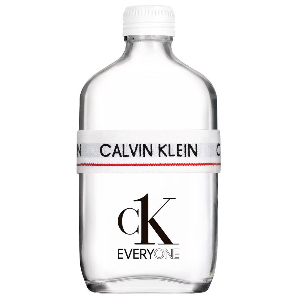 Transparente Flasche mit weißem Verschluss und Etikett. Auf dem Etikett steht "CALVIN KLEIN EVERYONE".