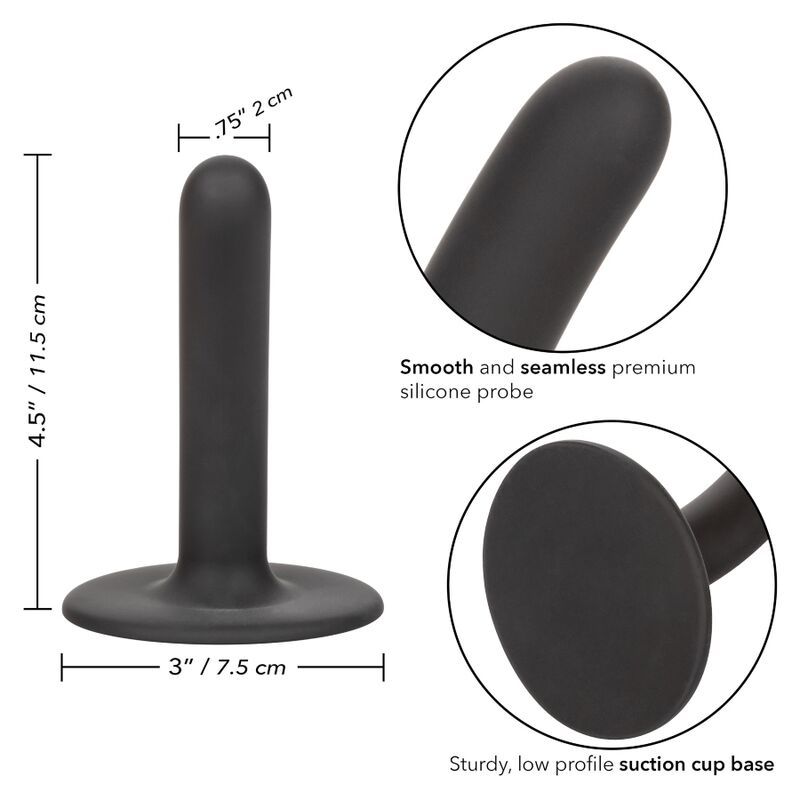 Nahaufnahme eines schwarzen, gebogenen Silikon-Stimulators mit Saugbasis. Abmessungen: 4,5"/11,5 cm, 3"/7,5 cm.