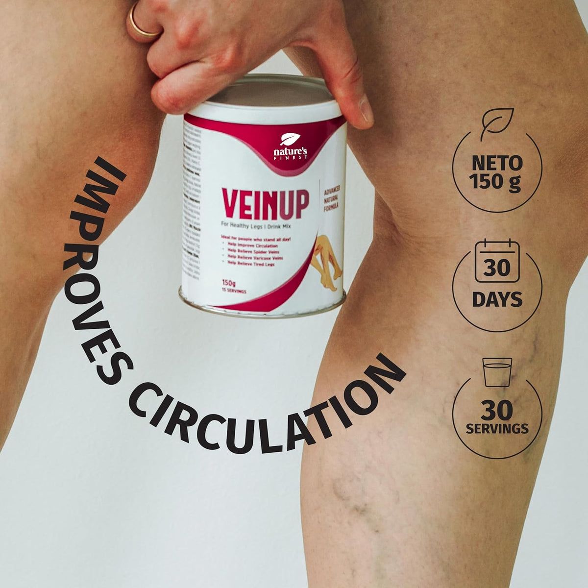 Dose Vein Up Drink Mix mit Icons für verbesserte Durchblutung und Zuckerfreiheit.