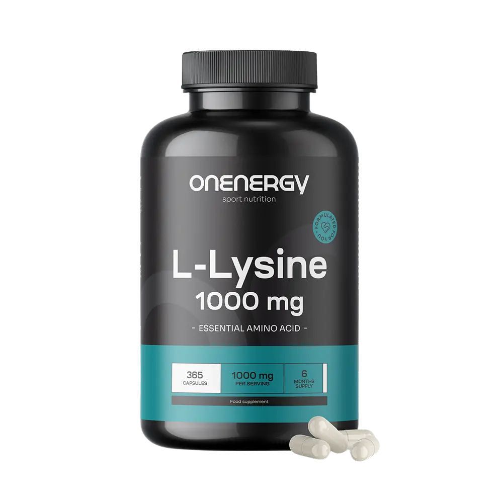 Schwarze Flasche mit weißen Kapseln. Aufschrift: OnEnergy L-Lysin 1000 mg. 365 Kapseln. Essential Amino Acid.