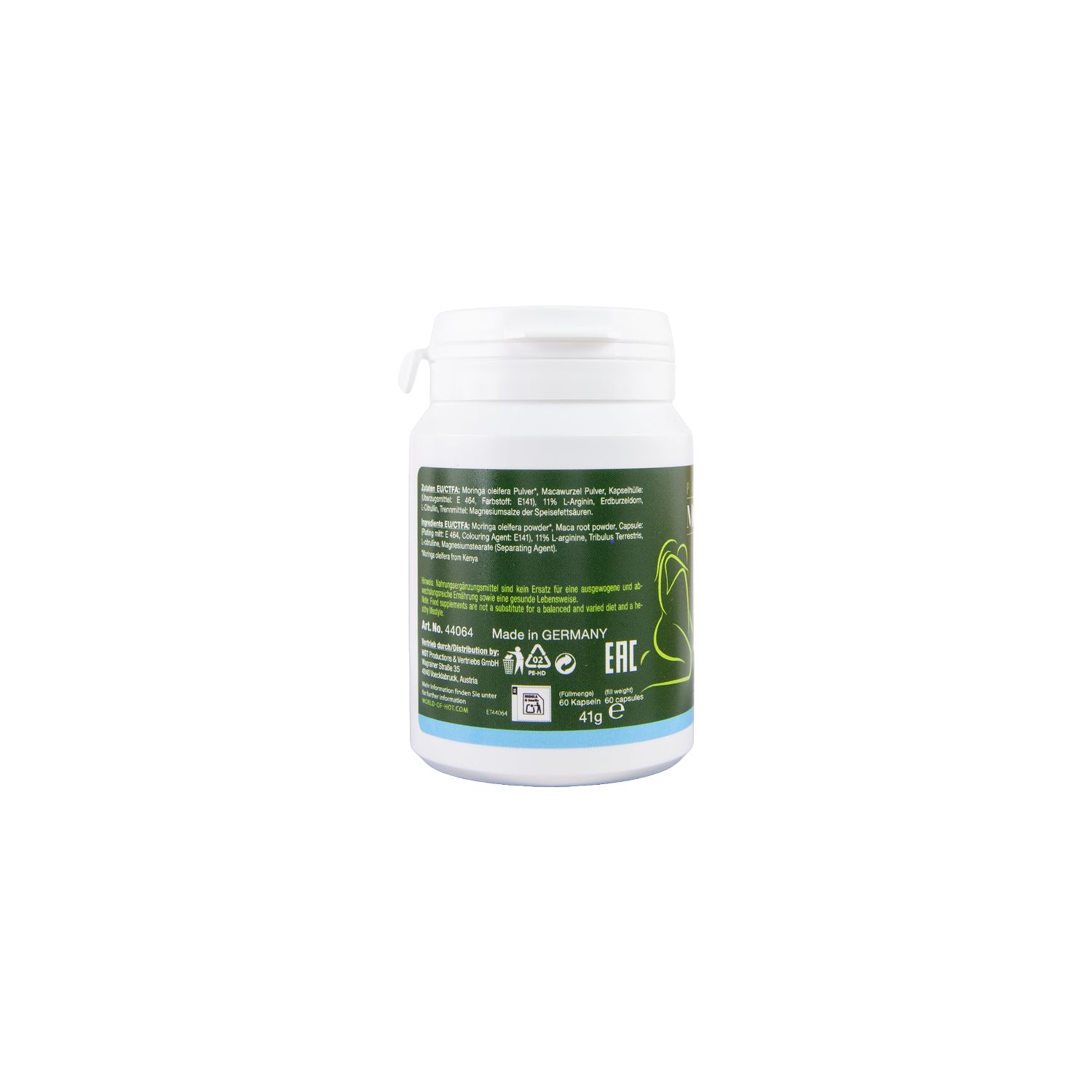 Weiße Flasche mit MORINGA + MACA. Enthält 60 Kapseln. Grün und weißes Etikett mit Produktinformationen.