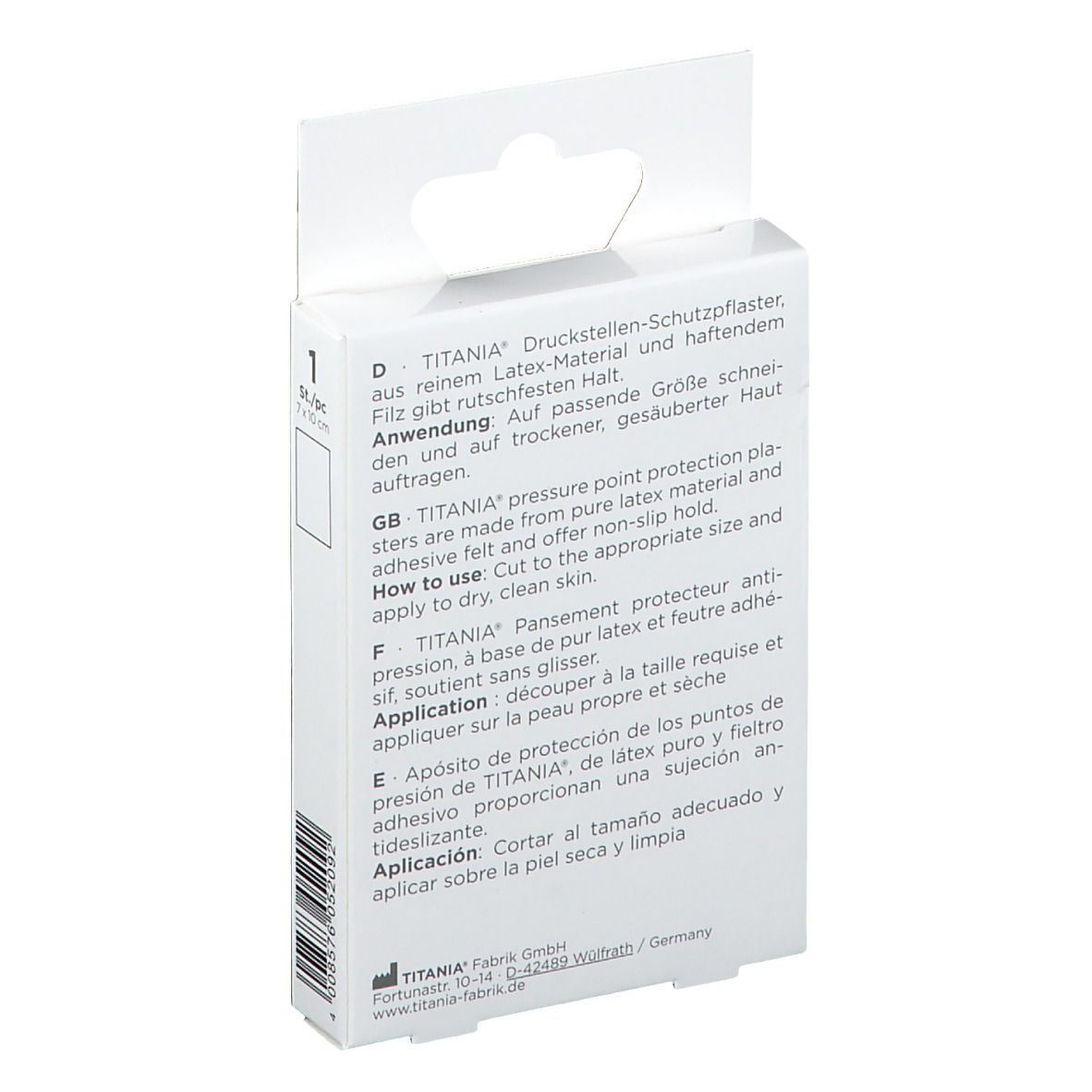 Rückseite der TITANIA® Druckstellen-Schutzpflaster Verpackung. Text in Deutsch, Englisch, Französisch und Spanisch. CE-Zeichen.
