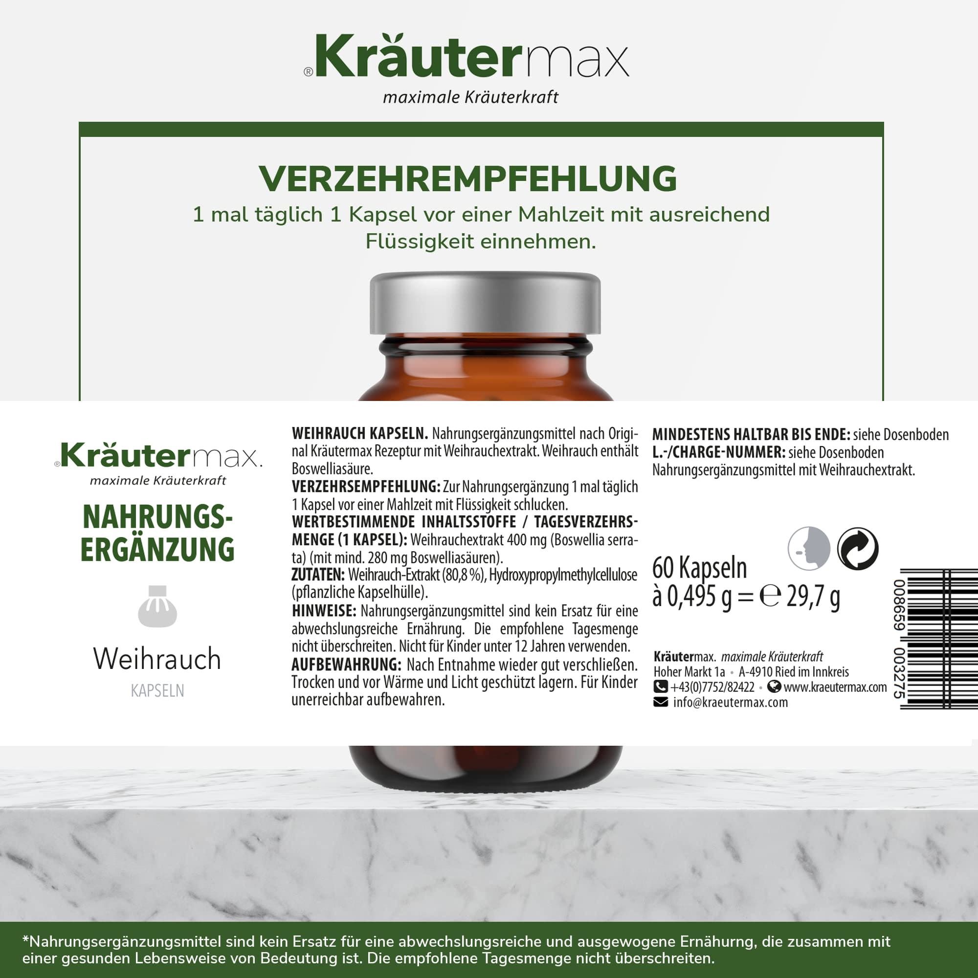 Nahaufnahme einer braunen Glasflasche mit Kräutermax Weihrauch Kapseln. Etikett mit Text: Nahrungsergänzung, Weihrauch Kapseln. Text: 60 Kapseln.