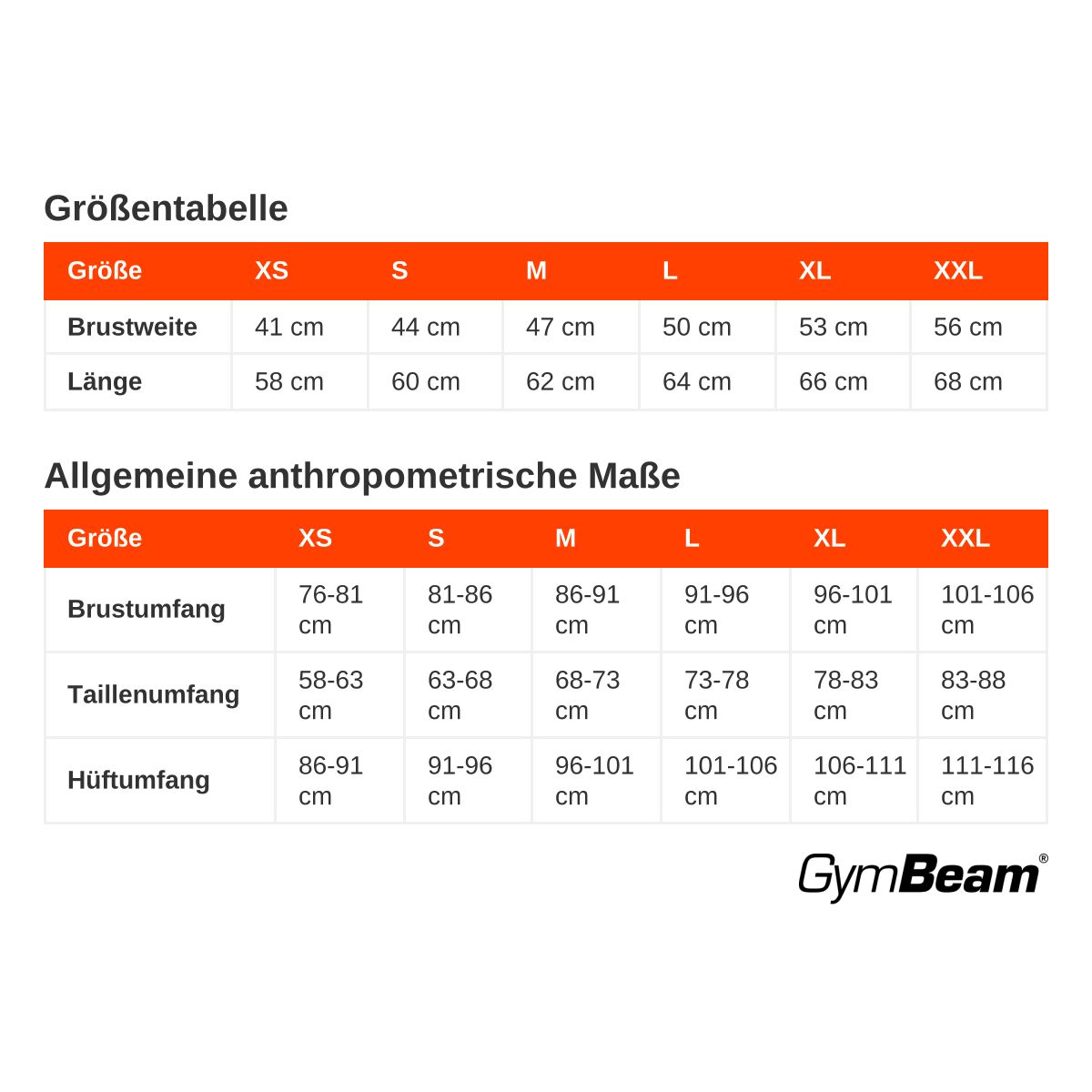 Größentabelle für T-Shirts: XS bis XXL, Brustweite und Länge.