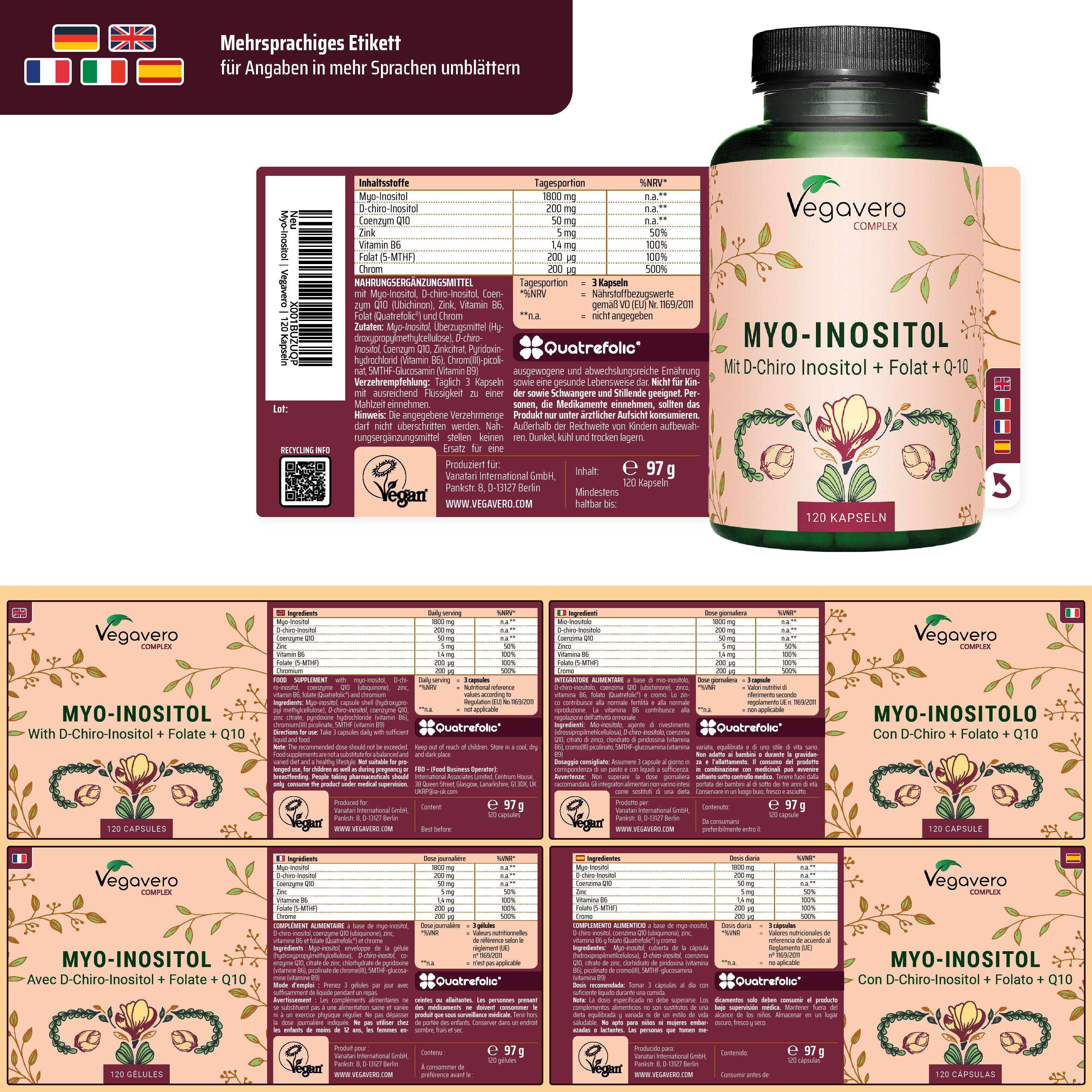 Produktverpackung mit Etiketten in verschiedenen Sprachen. Flasche mit Kapseln, Aufschrift: MYO-INOSITOL, Vegavaro. 120 Kapseln.