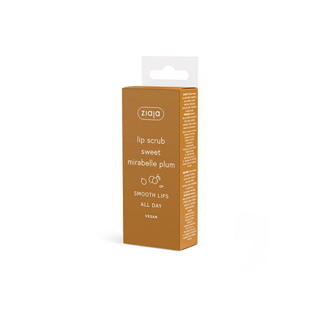 Braune Verpackung mit Aufschrift "ziaja lip scrub sweet mirabelle plum". Text: "Smooth Lips All Day", "Vegan".