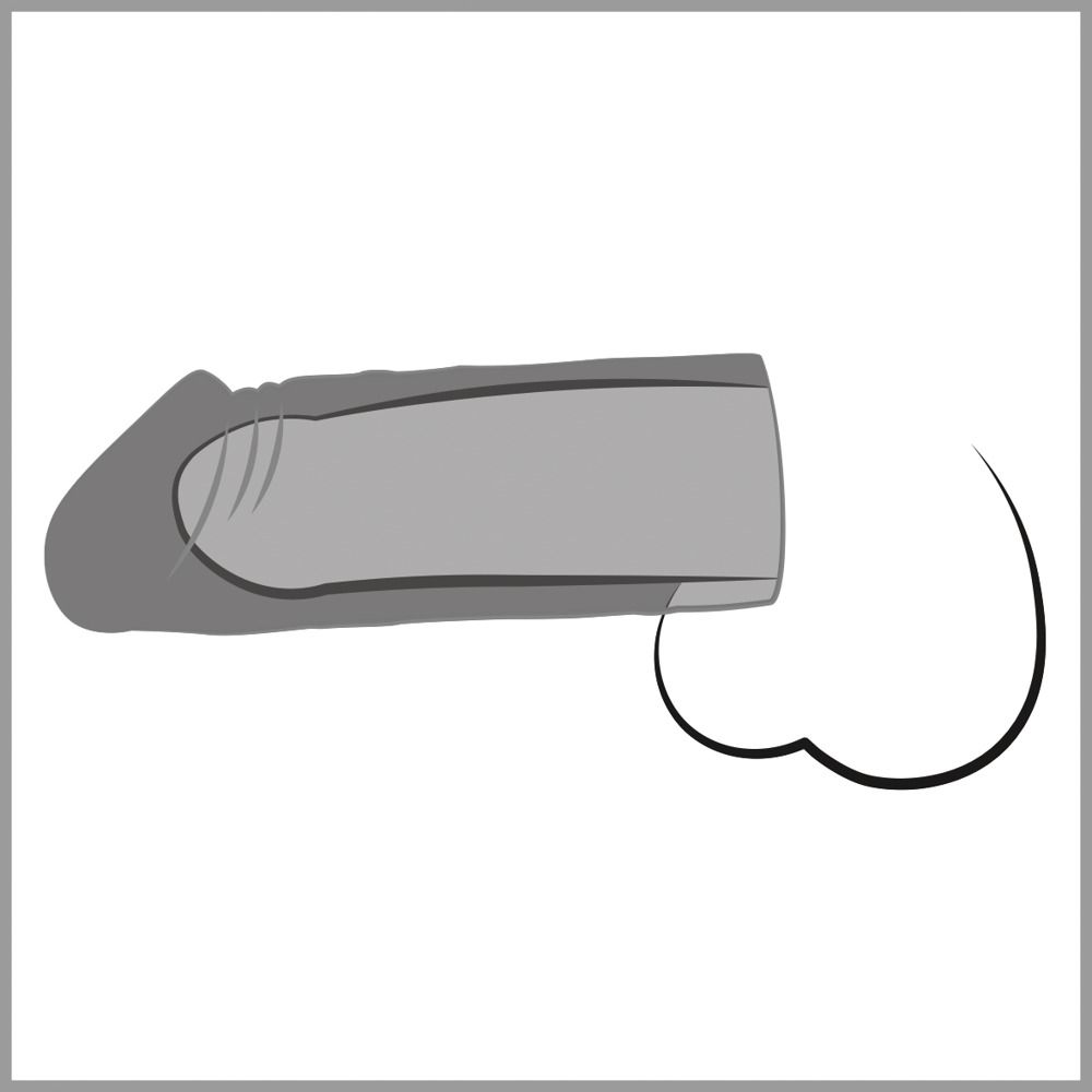 Graue, schematische Darstellung einer Penishülle. Mit angedeuteter Form und Hoden.