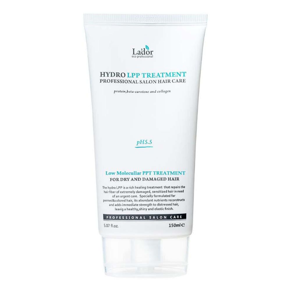Weiße Tube mit Produktnamen HYDRO LPP TREATMENT. Text: PROFESSIONAL SALON HAIR CARE, pH5.5, Low Molecular PPT TREATMENT FOR DRY AND DAMAGED HAIR.