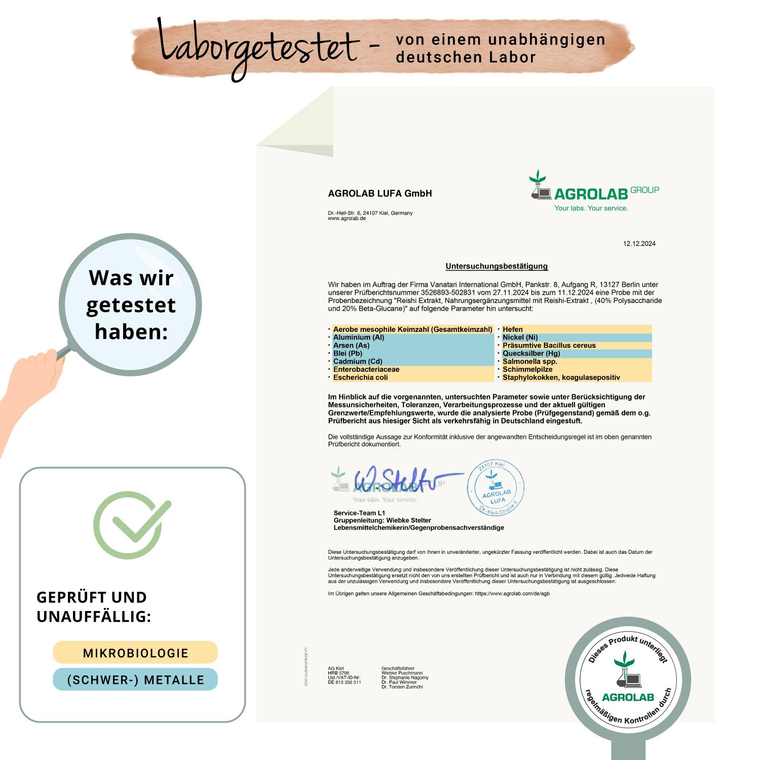 Zertifikat von Agrolab. Geprüft auf Mikrobiologie und Schwermetalle. Produkt getestet.