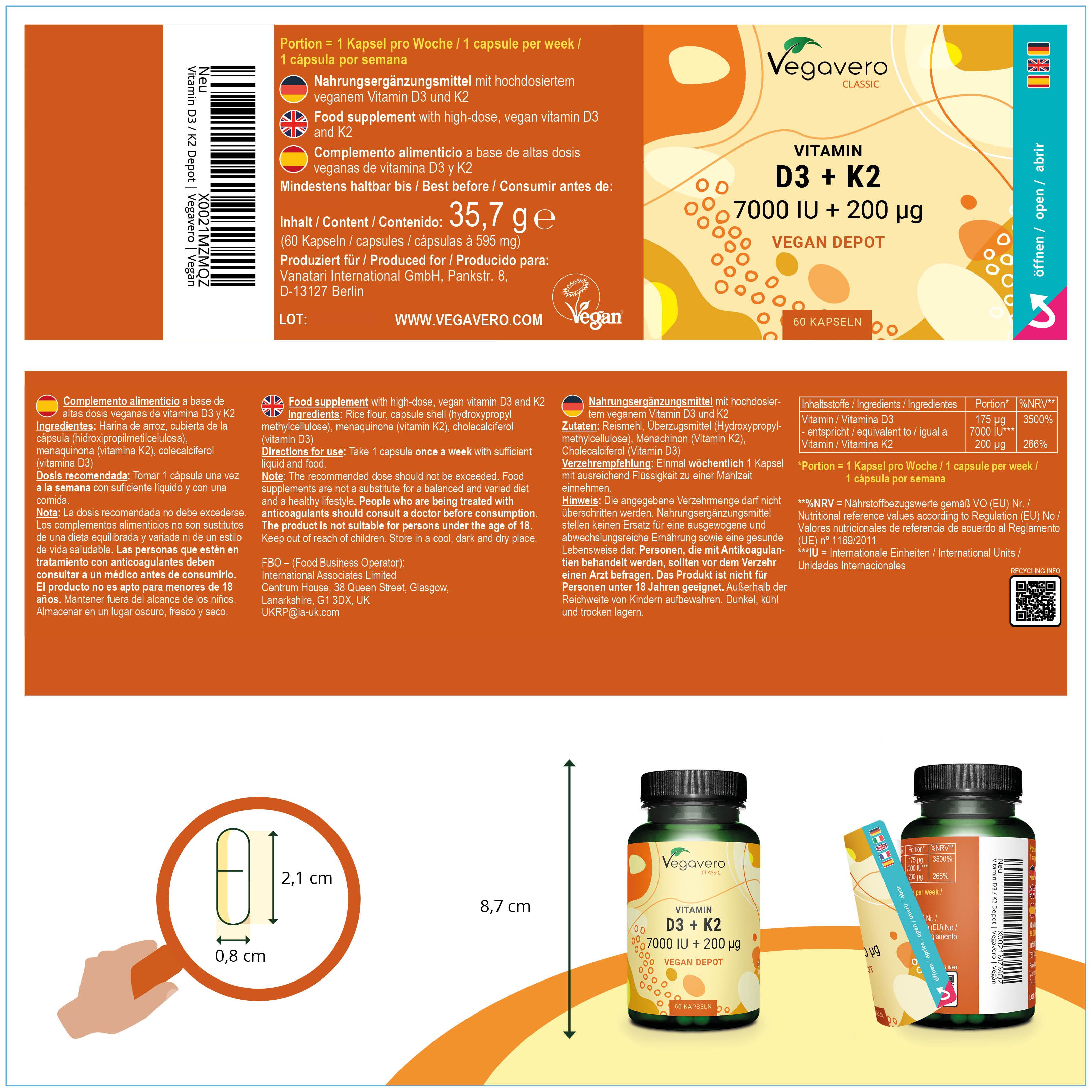 Produktverpackung mit Etikett. Enthält Informationen zu Vegavaro Vitamin D3 + K2. Zeigt eine Kapsel mit Maßen. Enthält auch eine Abbildung der Flasche.