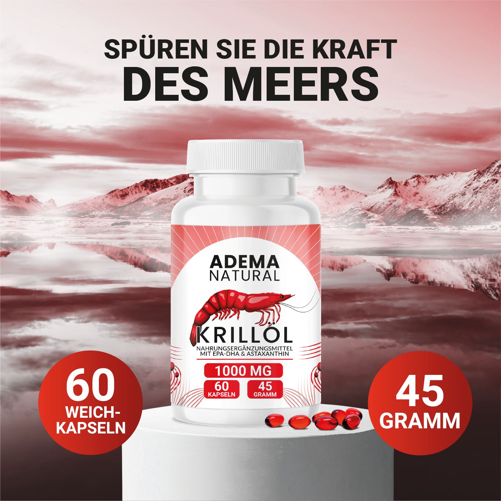 Produktflasche mit rotem Etikett. Text: ADEMA NATURAL, Krillöl, 1000 mg, 60 Kapseln, 45 Gramm. Rote Kapseln daneben.