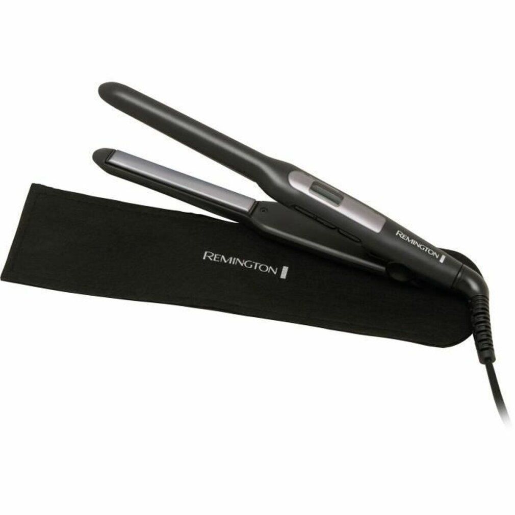 Schwarzes Glätteisen mit Etui. Marke Remington sichtbar.