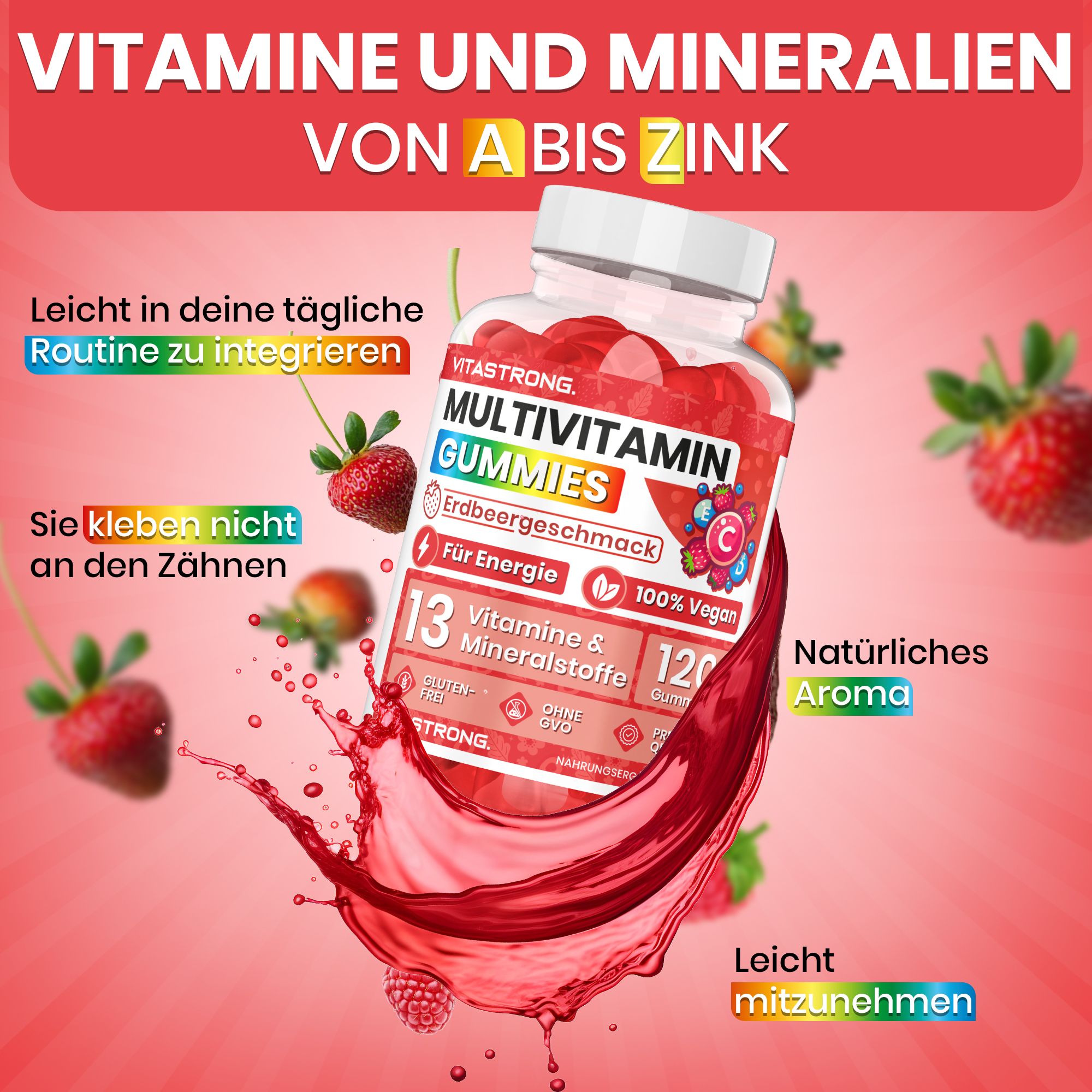Vitastrong Multivitamin Gummies, Erdbeergeschmack, 120 Stück. 13 Vitamine & Mineralstoffe. Leicht in die tägliche Routine zu integrieren.