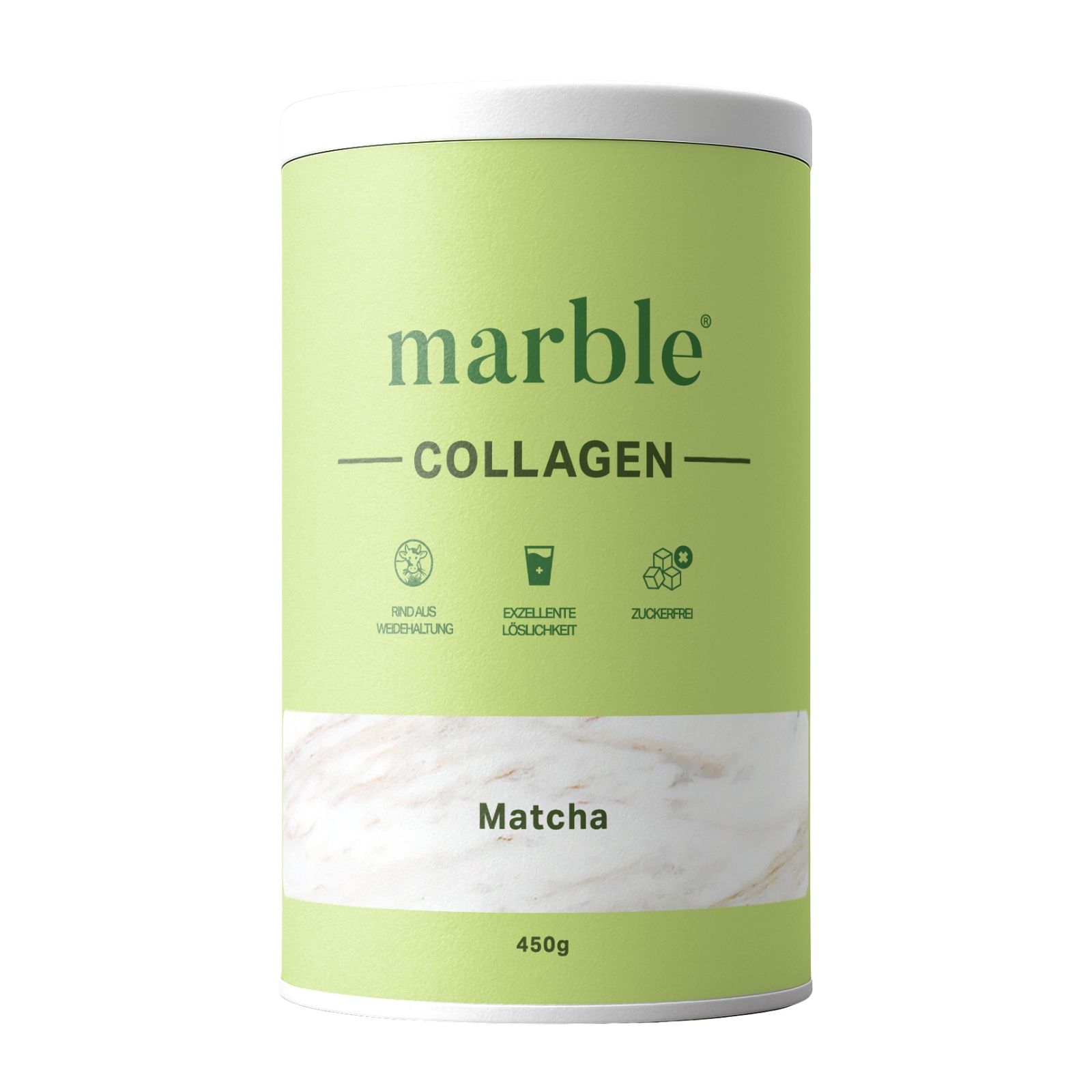 Grüne Dose mit weißem Deckel. Aufschrift: marble Collagen, Matcha. Enthält 450g. Logos: einfache Verdauung, exzellente Löslichkeit, zuckerfrei.