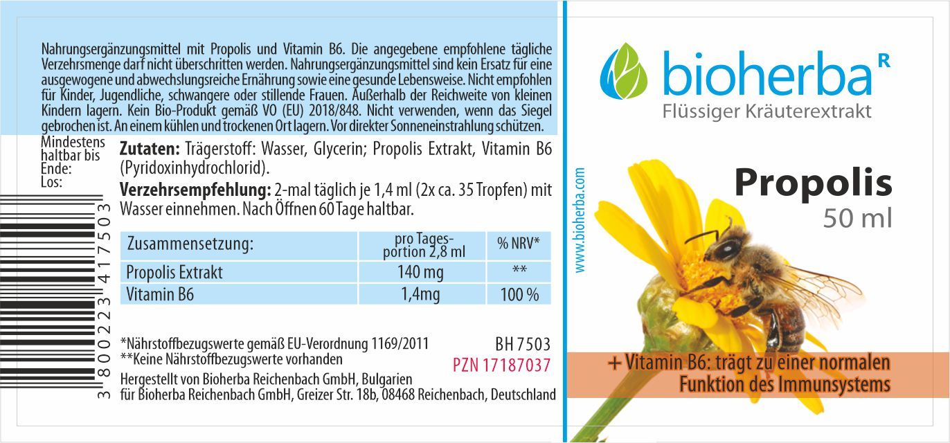 Etikett mit Produktinformationen. Bioherba Propolis Tropfen, 50 ml. Zutaten, Verzehrempfehlung, Zusammensetzung, Nährwertangaben.