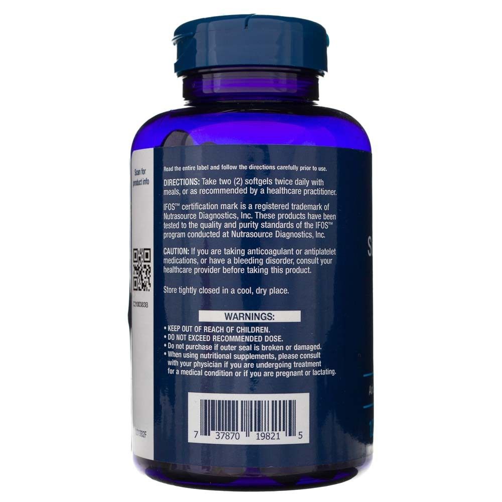 Rückseite einer Life Extension Super Omega-3 Flasche mit Warnhinweisen und Anweisungen.