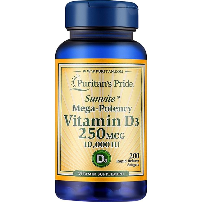 Blaue Flasche mit gelbem Etikett. Aufschrift: Puritan's Pride, Sunvite, Vitamin D3 250 mcg, 10.000 IU. 200 Softgels.