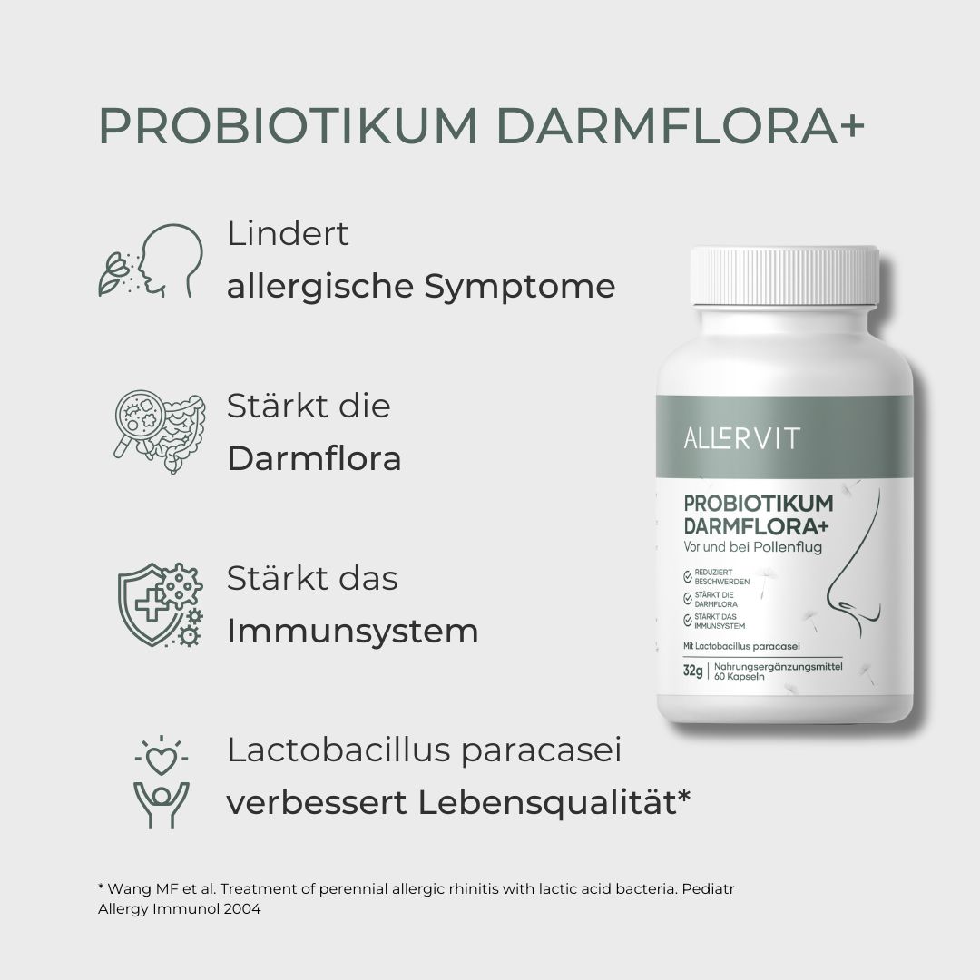 Grafik mit Text und Icons. PROBIOTIKUM DARMFLORA+. Lindert allergische Symptome, stärkt Darmflora und Immunsystem. Text und Icons.