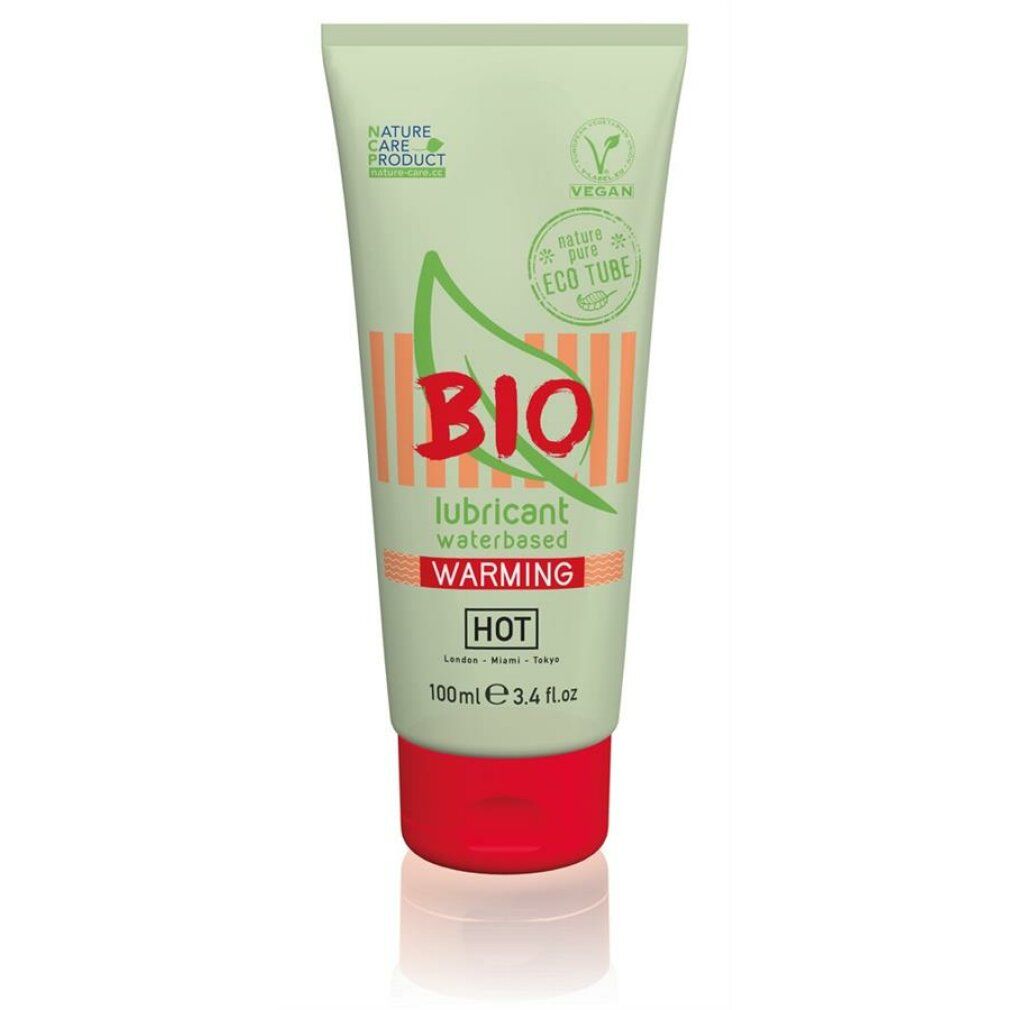 Tube BIO Lubricant Warming. Grün-weißes Design, roter Deckel. Aufschrift: BIO, lubricant waterbased, Warming, HOT. Vegan-Siegel.