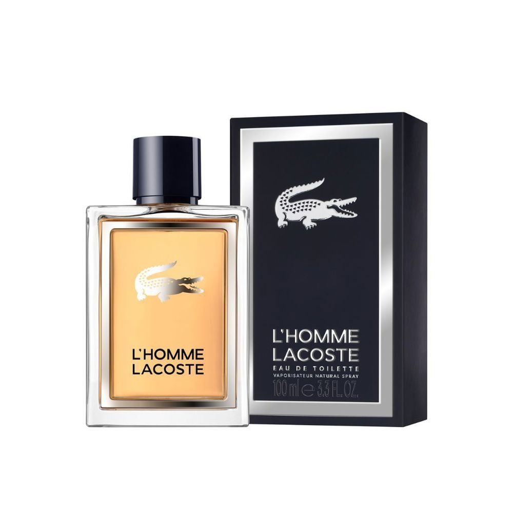 Flakon und Verpackung von L'Homme Lacoste. Rechteckiger Flakon mit goldenem Inhalt und Krokodil-Logo. Schwarze Verpackung.