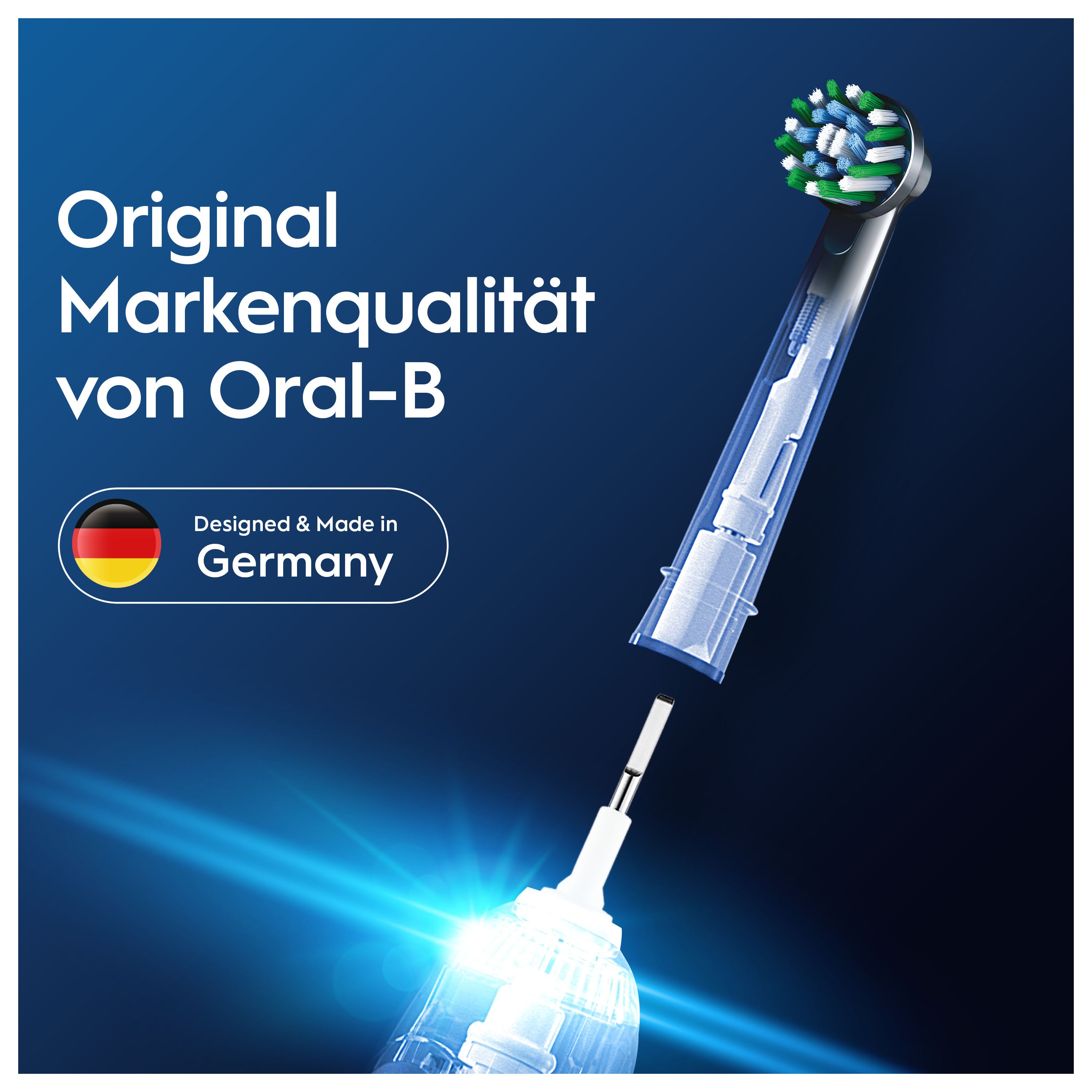Aufsteckbürste von Oral-B mit transparentem Schaft. Deutsches Flaggen-Symbol. Text: Original Markenqualität von Oral-B.