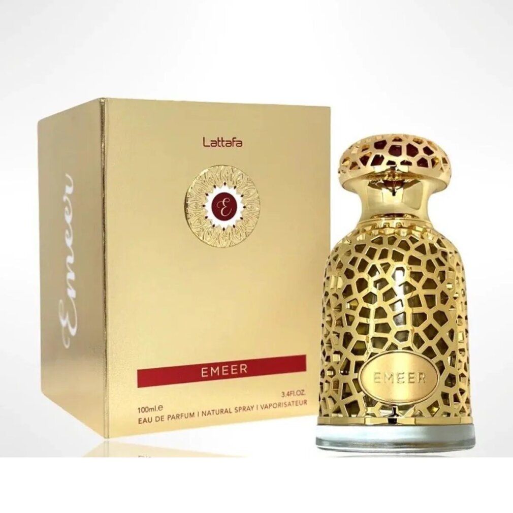 Goldfarbene Parfümflasche mit filigranem Muster und goldener Verpackung. Aufschrift "Emeer" und "Lattafa".