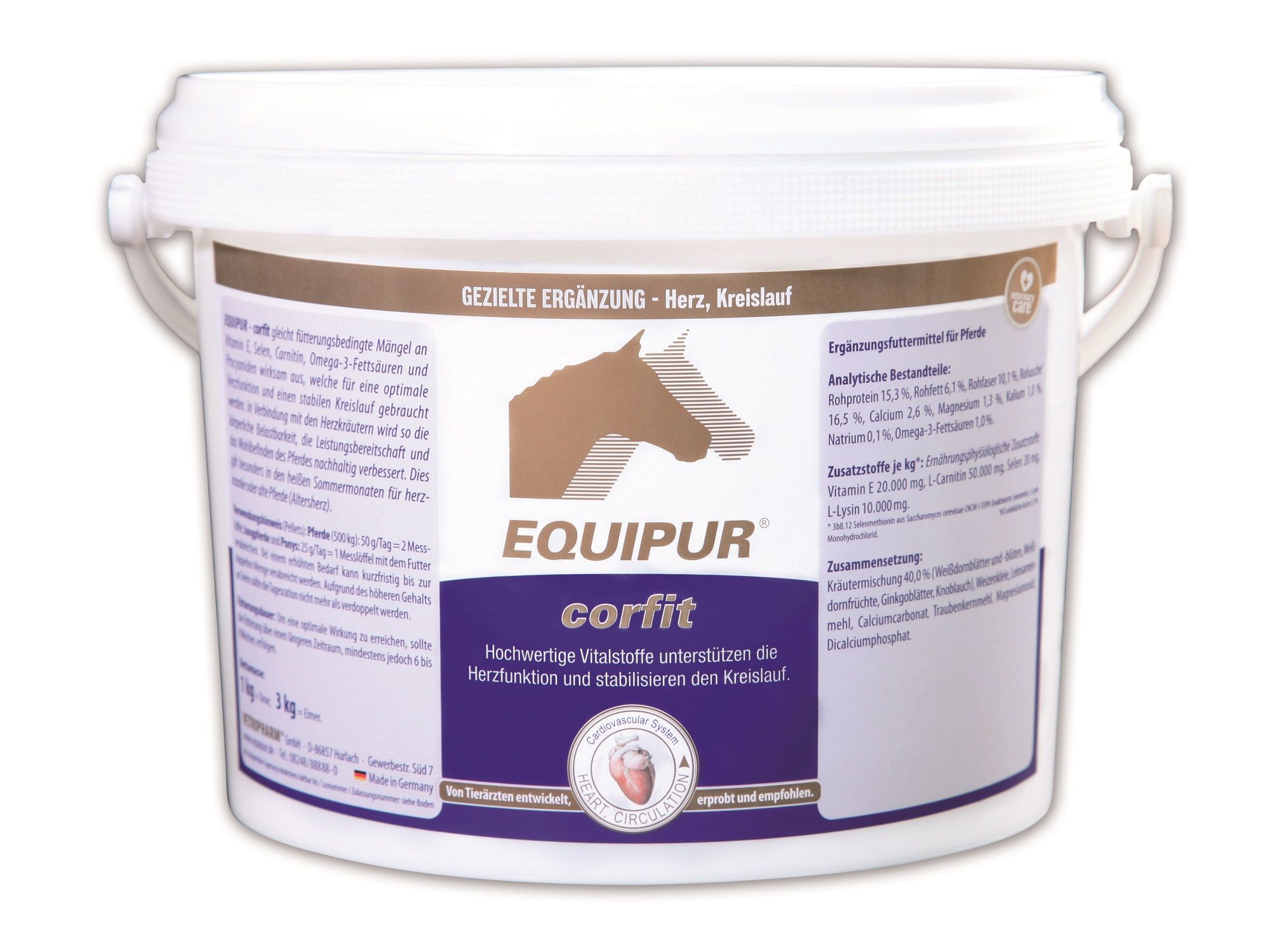 EQUIPUR corfit Eimer mit detaillierten Produktinformationen und Pferdeabbildung.