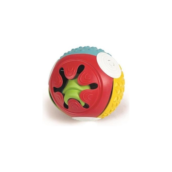 Mehrfarbiger Ball mit verschiedenen Texturen. Roter, gelber, blauer und grüner Kunststoff. Weiße und schwarze Details.