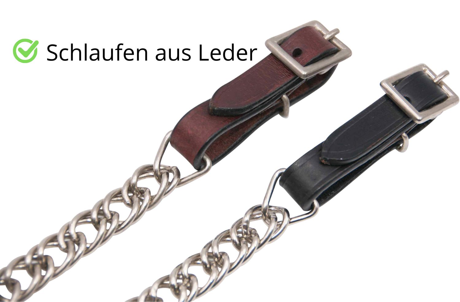 Zwei Kinnketten mit Lederschlaufen. Eine braune und eine schwarze Lederschlaufe mit Metallverschluss. Kette aus Metall.