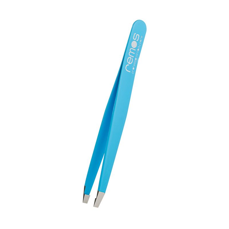 Blaue Pinzette mit silbernen Spitzen. Der Griff trägt den Schriftzug "remos".
