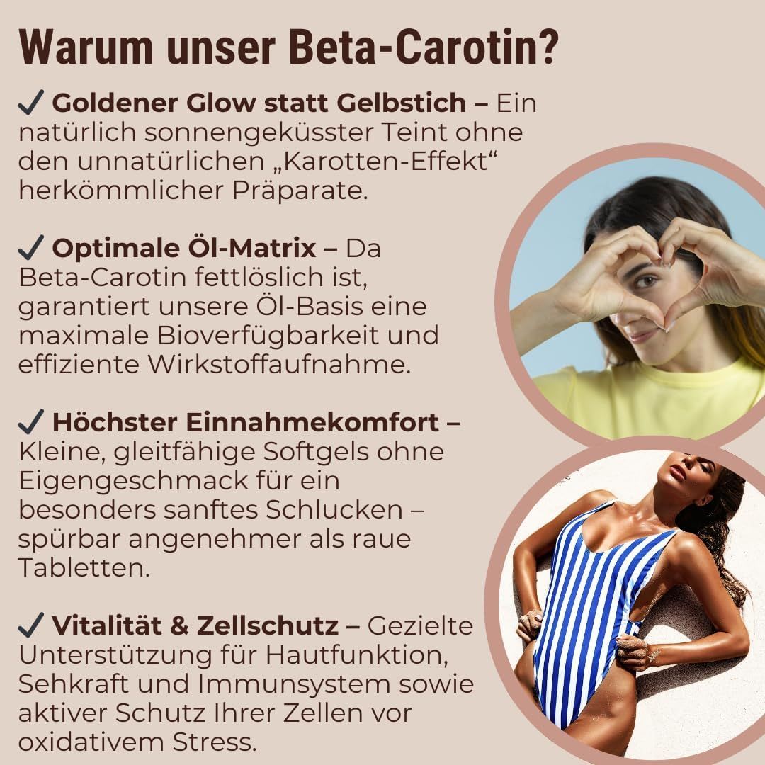 Text: Vorteile von Beta-Carotin. Bilder: Frau formt Herz, Frau im Badeanzug. Text in deutscher Sprache.