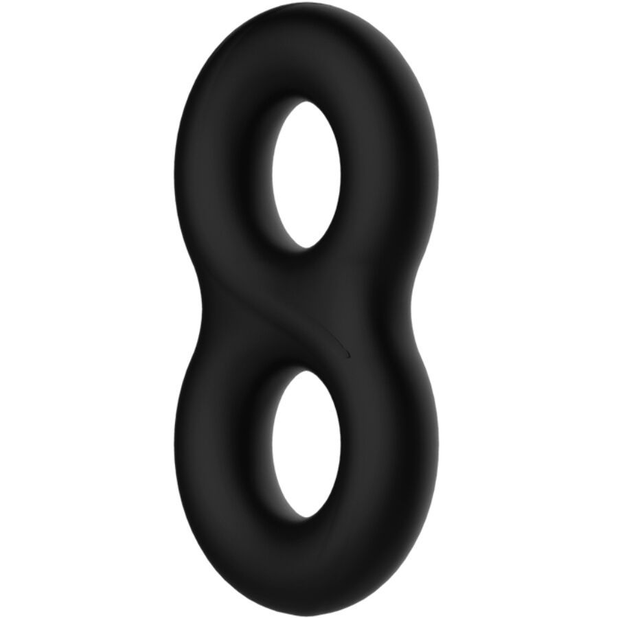 Schwarzer Penisring aus Silikon, in Form einer liegenden Acht mit zwei Öffnungen.