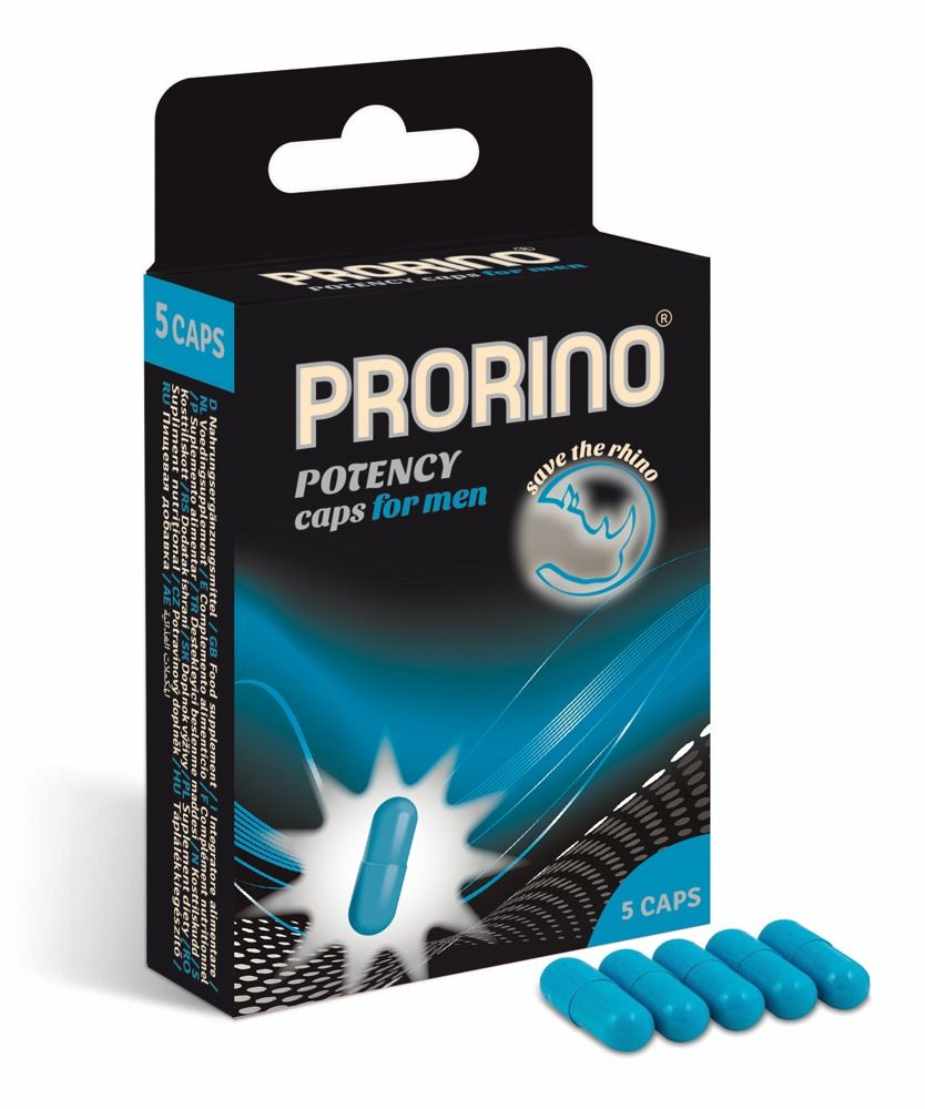 Schachtel mit blauen Kapseln. Aufschrift: Prorino Potency caps for men. 5 Kapseln. Logo: Nashorn. Blaue Kapseln liegen daneben.