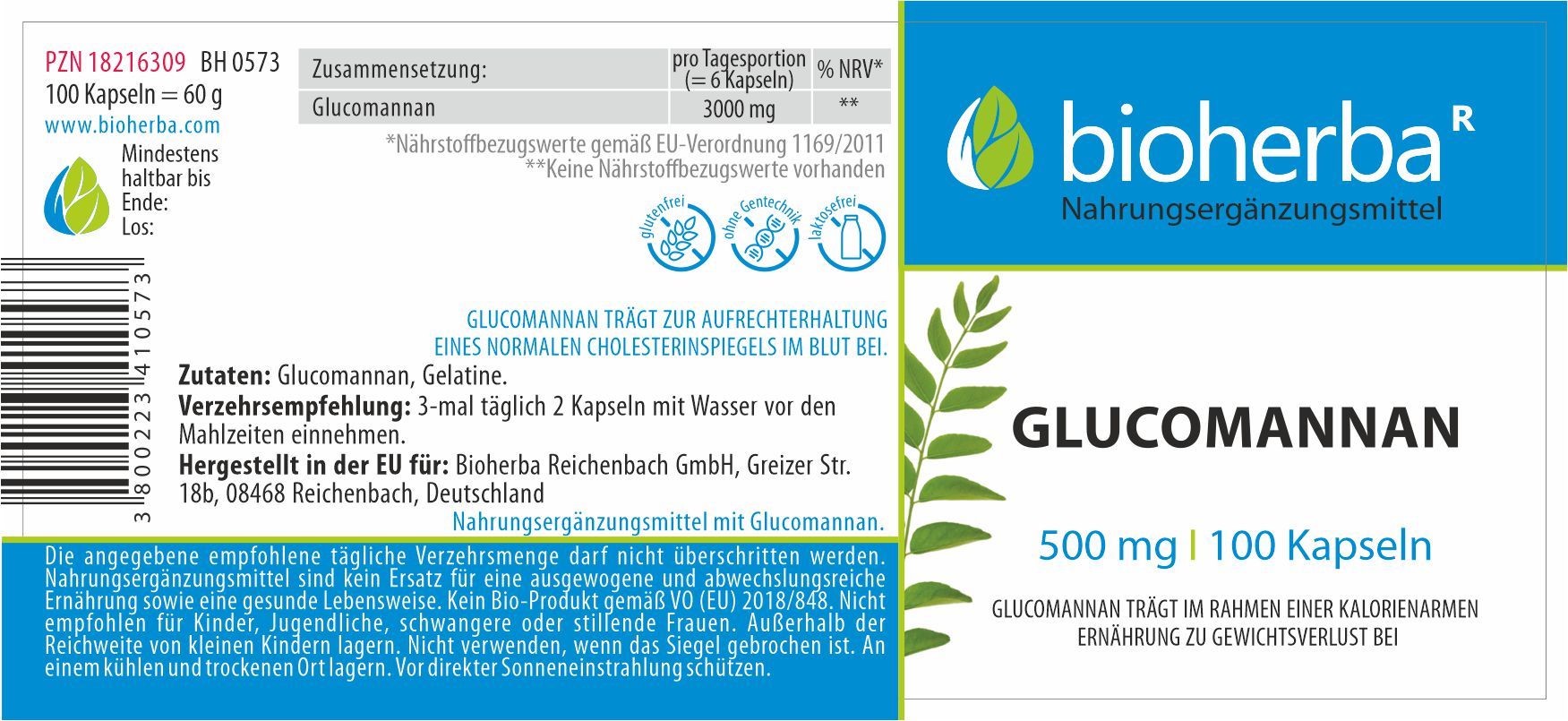 Etikett mit Produktinformationen. Enthält Text: Bioherba, Glucomannan, 500 mg | 100 Kapseln. Mit Inhaltsangaben und Nährwertangaben.