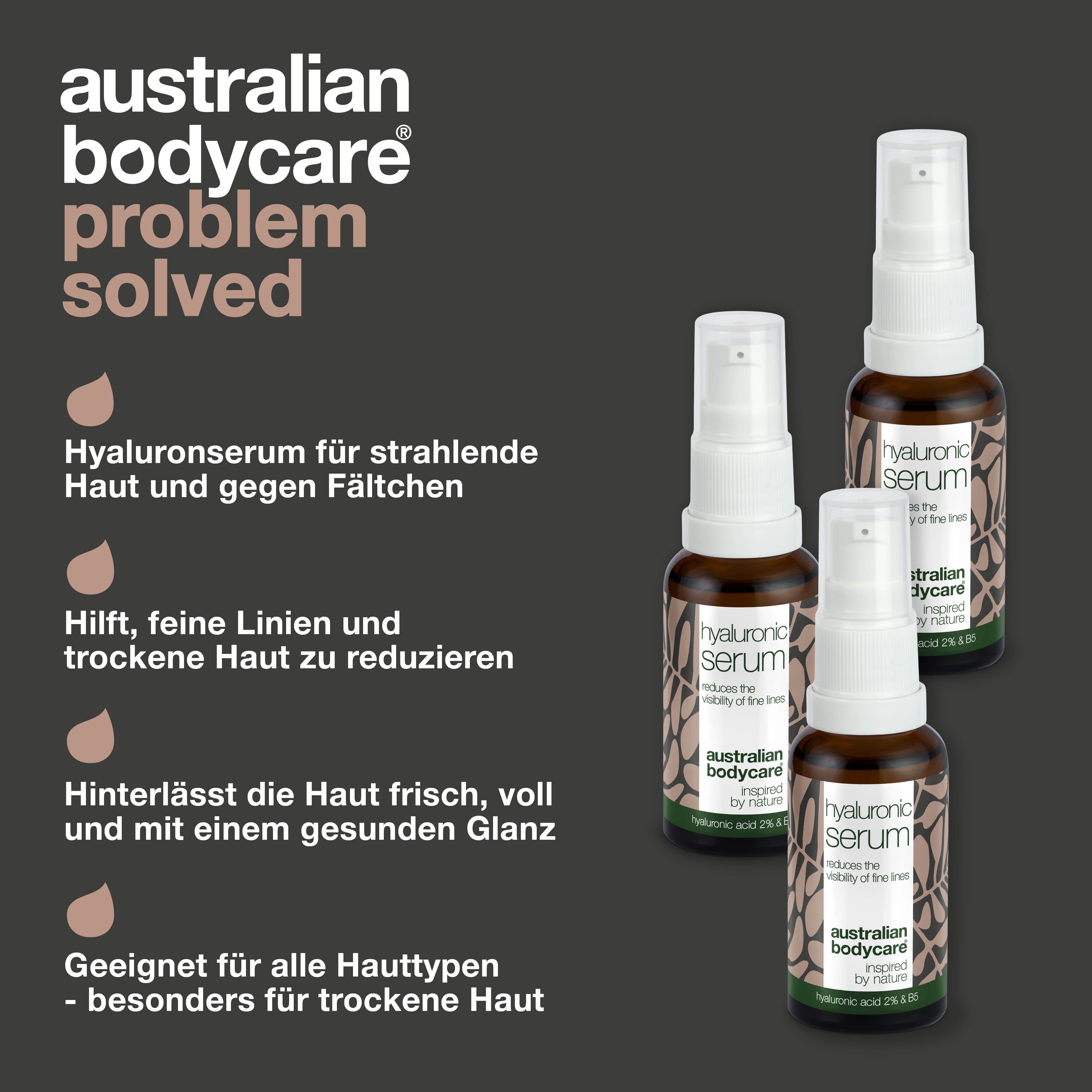 Produktpräsentation mit Serumflaschen. Aufschrift: Hyaluronic Serum, Australian Bodycare.