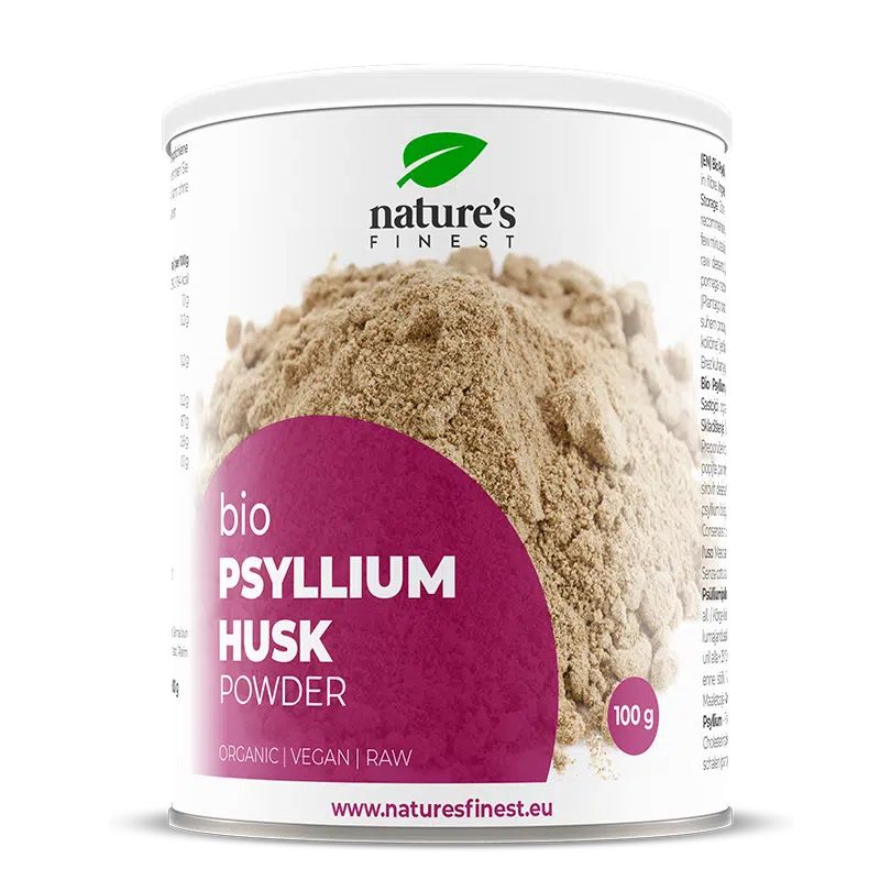 Dose mit Bio Flohsamenschalen Pulver. Beschriftung: Nature's Finest, Bio Psyllium Husk Powder, 100g.