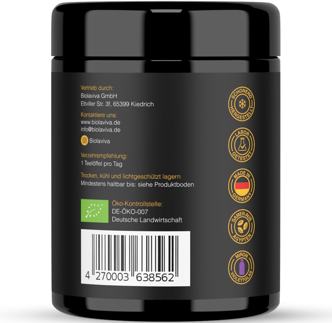 Rückseite der schwarzen Dose. Text: Öko-Kontrollstelle DE-ÖKO-007. Bio-Siegel. Hergestellt in Deutschland.