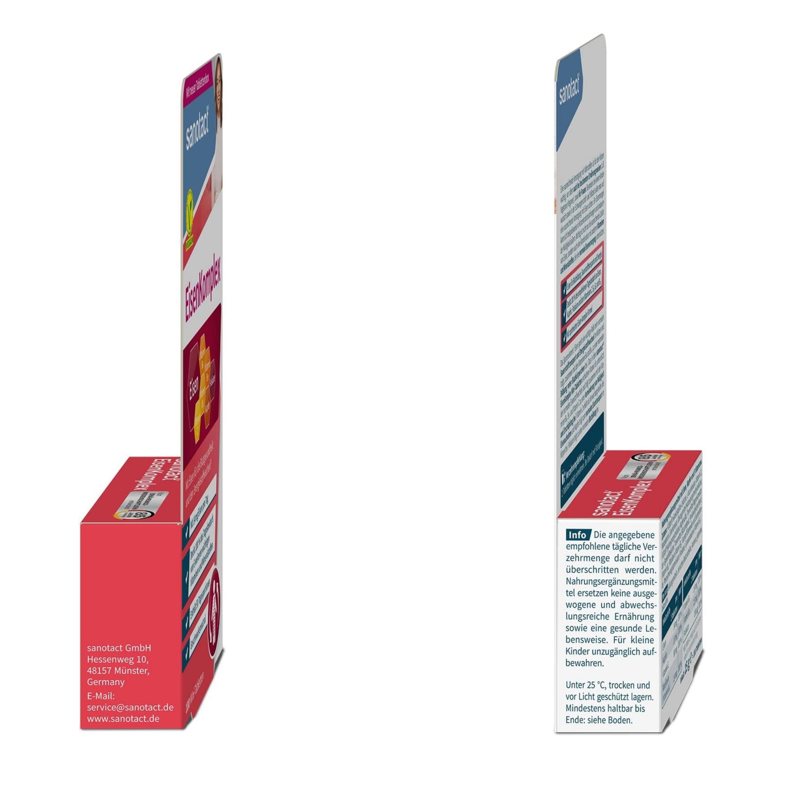 Zwei Ansichten der Verpackung Sanotact Eisen Komplex Mini Tabletten. Rote Schachtel mit Produktinformationen und Logo.