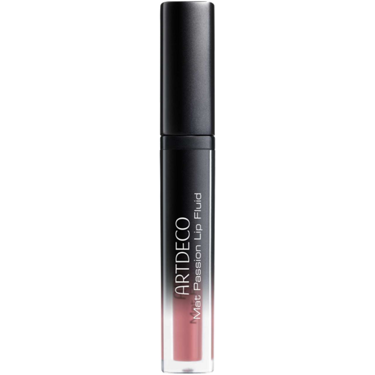 Artdeco Mat Passion Lip Fluid. Schwarze Tube mit rosa Farbverlauf. Schwarzer Deckel. Produktansicht.